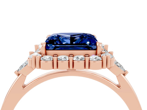 Rose gold Princess Cut Blue Sapphire Halo Ring with Pear Side Stones and Prong Setting_16