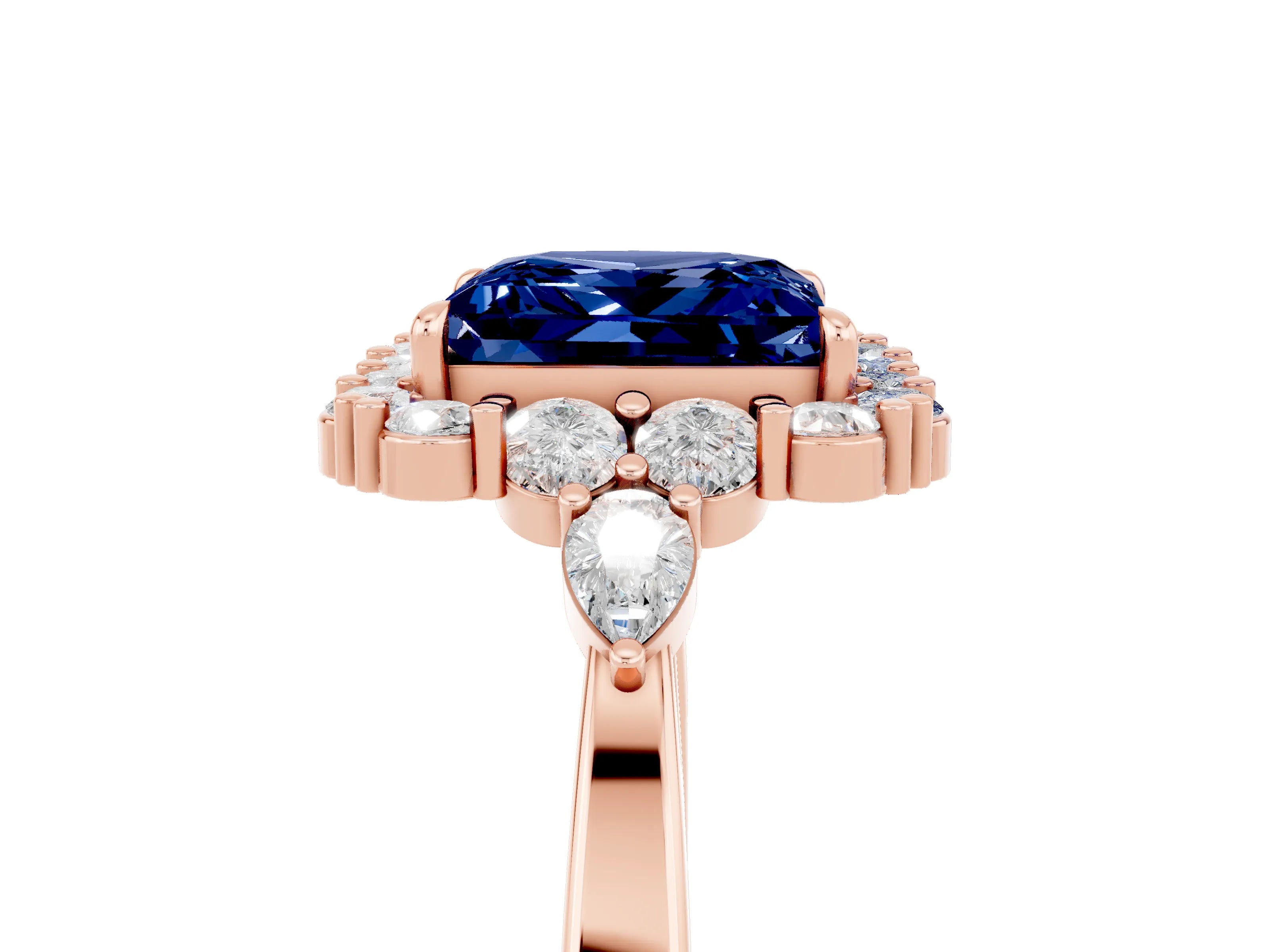 Rose gold Princess Cut Blue Sapphire Halo Ring with Pear Side Stones and Prong Setting_17