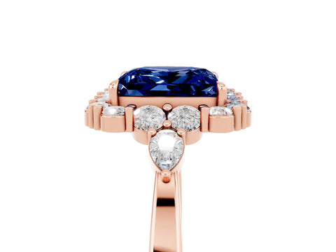 Rose gold Princess Cut Blue Sapphire Halo Ring with Pear Side Stones and Prong Setting_17