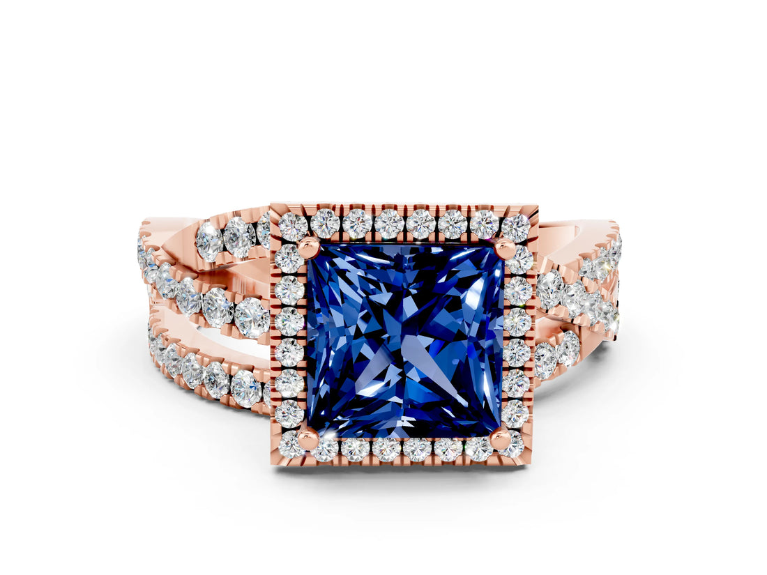 Rose gold Princess Cut Blue Sapphire Halo Ring with Round Split Shank and Prong Setting_48