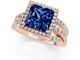 Rose gold Princess Cut Blue Sapphire Halo Ring with Round Split Shank and Prong Setting_49