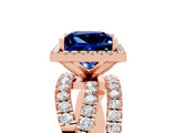 Rose gold Princess Cut Blue Sapphire Halo Ring with Round Split Shank and Prong Setting_53