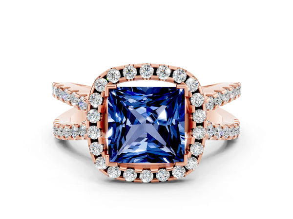 Rose gold Princess Cut Blue Sapphire Halo Ring with Split Shank Pavé Band and Prong Setting