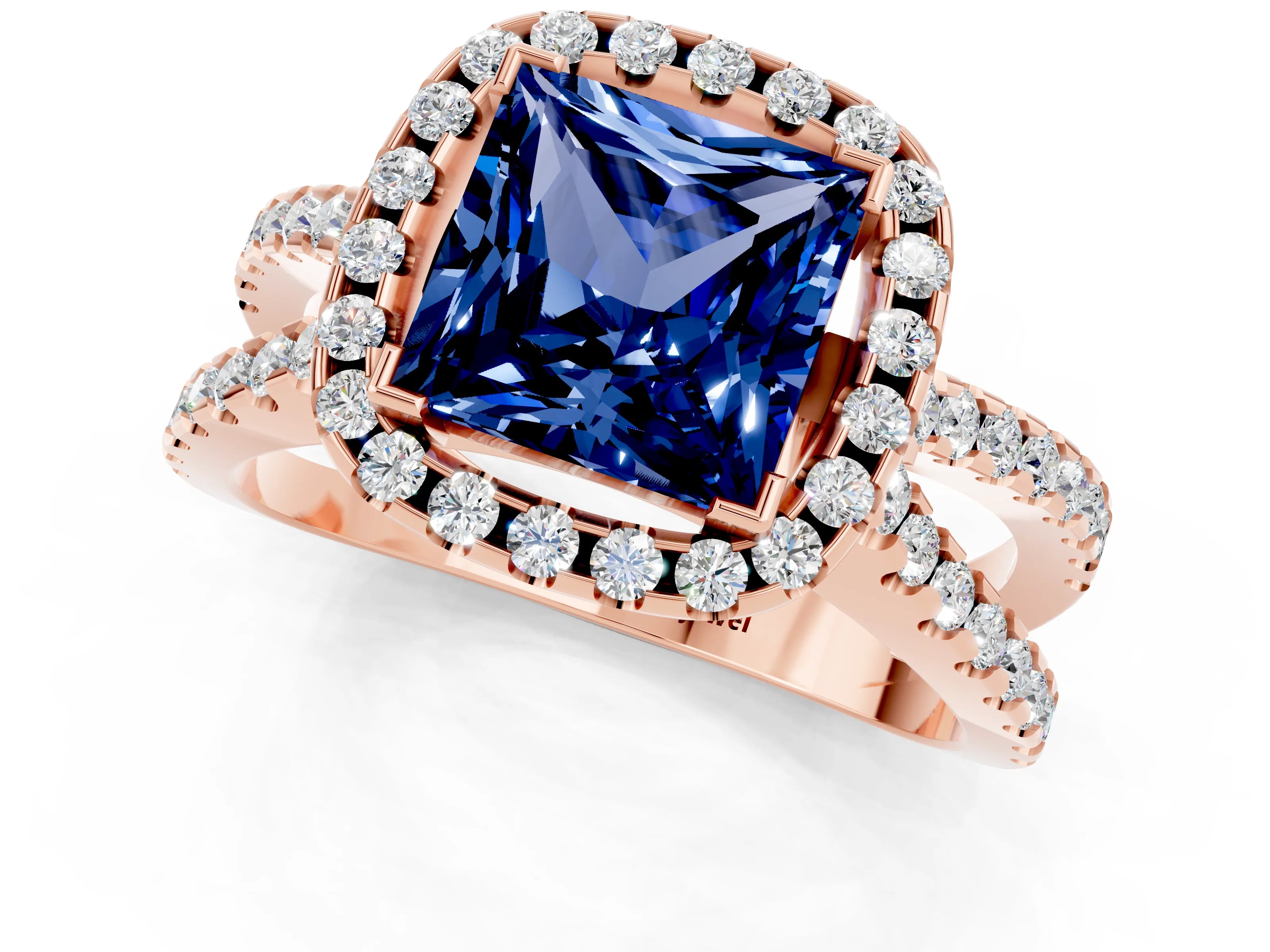 Rose gold Princess Cut Blue Sapphire Halo Ring with Split Shank Pavé Band and Prong Setting_1