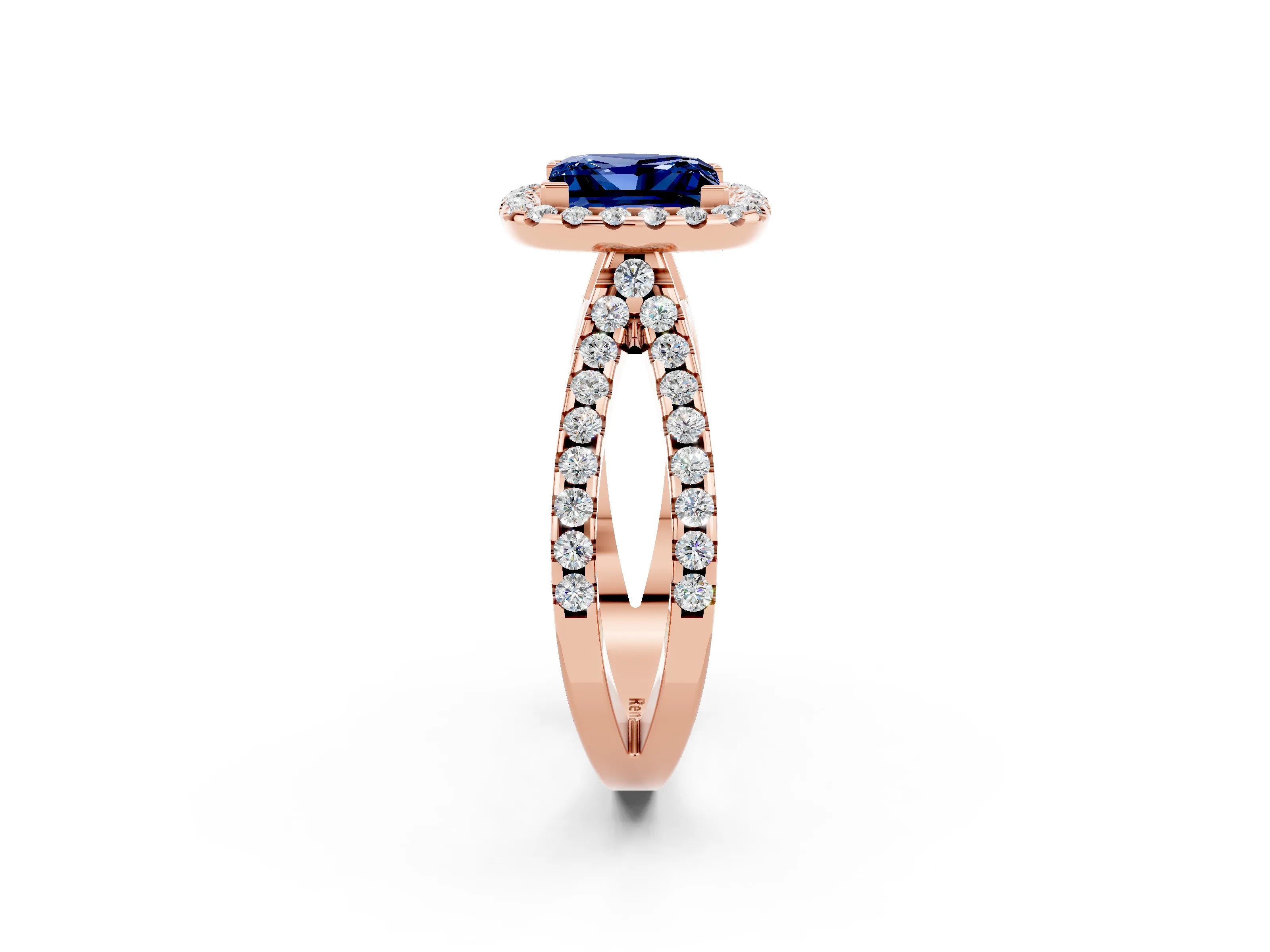 Rose gold Princess Cut Blue Sapphire Halo Ring with Split Shank Pavé Band and Prong Setting_2