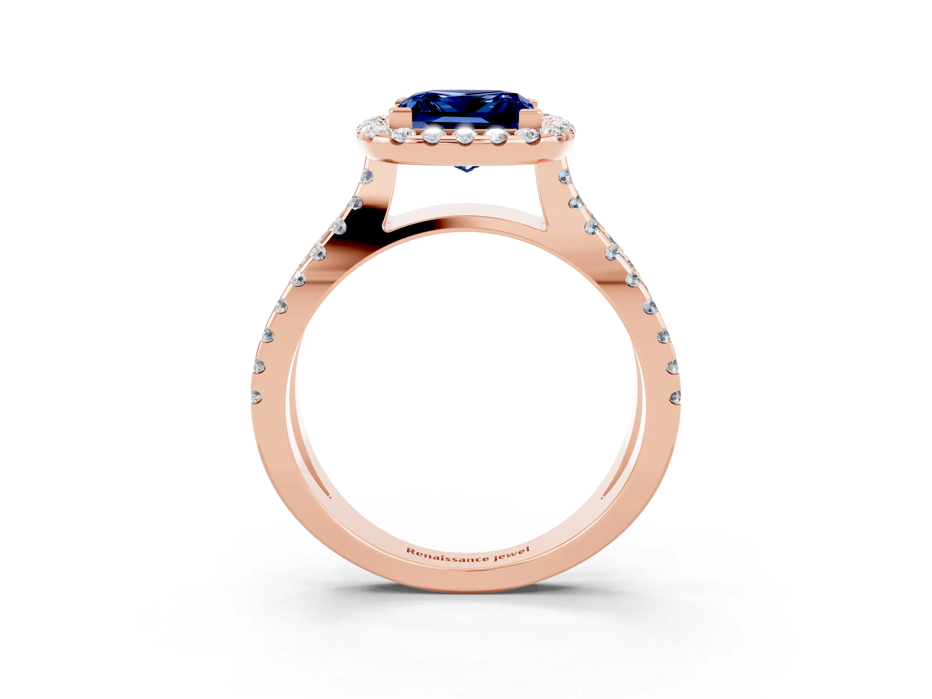 Rose gold Princess Cut Blue Sapphire Halo Ring with Split Shank Pavé Band and Prong Setting_3