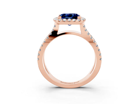 Rose gold Princess Cut Blue Sapphire Halo Ring with Split Shank Pavé Band and Prong Setting_3