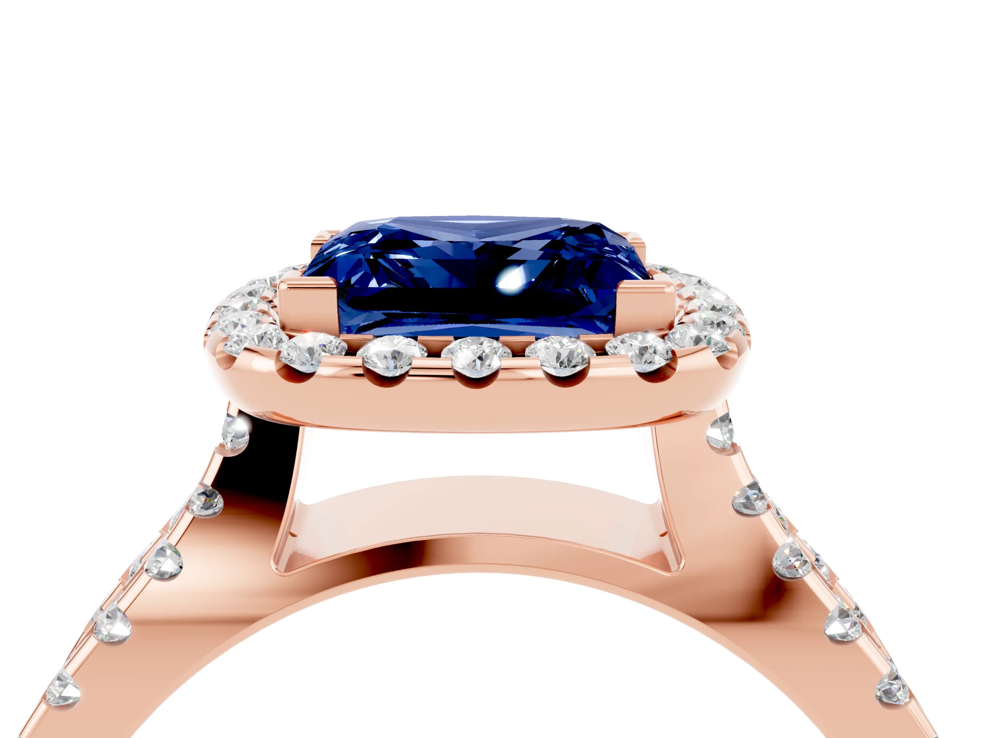 Rose gold Princess Cut Blue Sapphire Halo Ring with Split Shank Pavé Band and Prong Setting_4