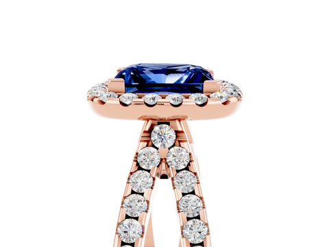 Rose gold Princess Cut Blue Sapphire Halo Ring with Split Shank Pavé Band and Prong Setting_5