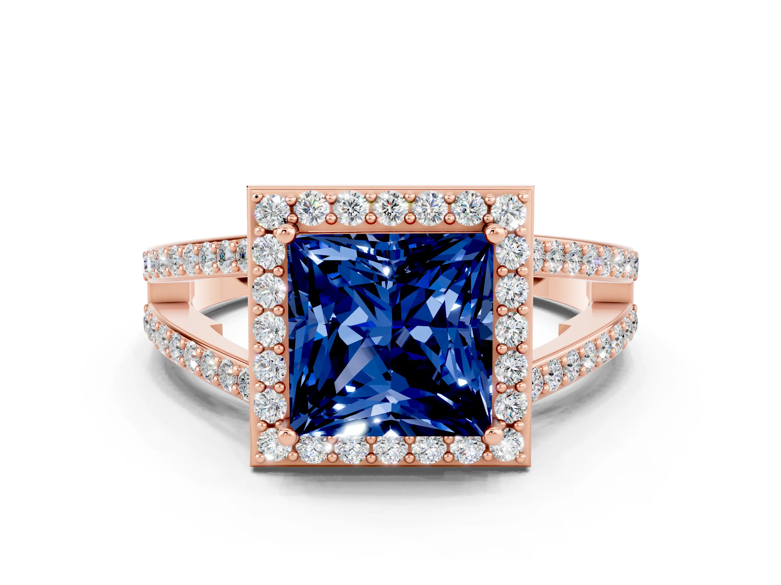 Rose gold Princess Cut Blue Sapphire Halo Ring with Split Shank U-Prong Band and Four-Prong Setting