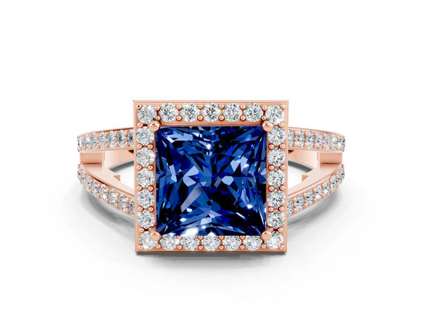 Rose gold Princess Cut Blue Sapphire Halo Ring with Split Shank U-Prong Band and Four-Prong Setting