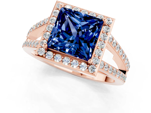 Rose gold Princess Cut Blue Sapphire Halo Ring with Split Shank U-Prong Band and Four-Prong Setting
