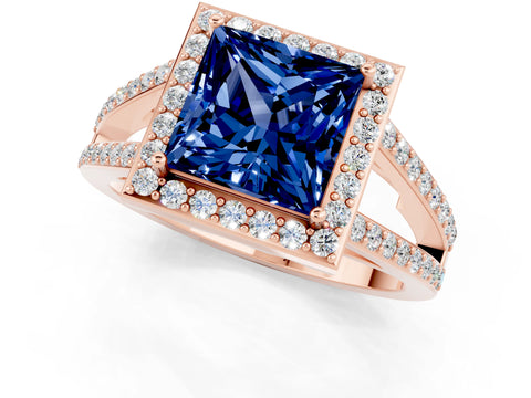 Rose gold Princess Cut Blue Sapphire Halo Ring with Split Shank U-Prong Band and Four-Prong Setting_1