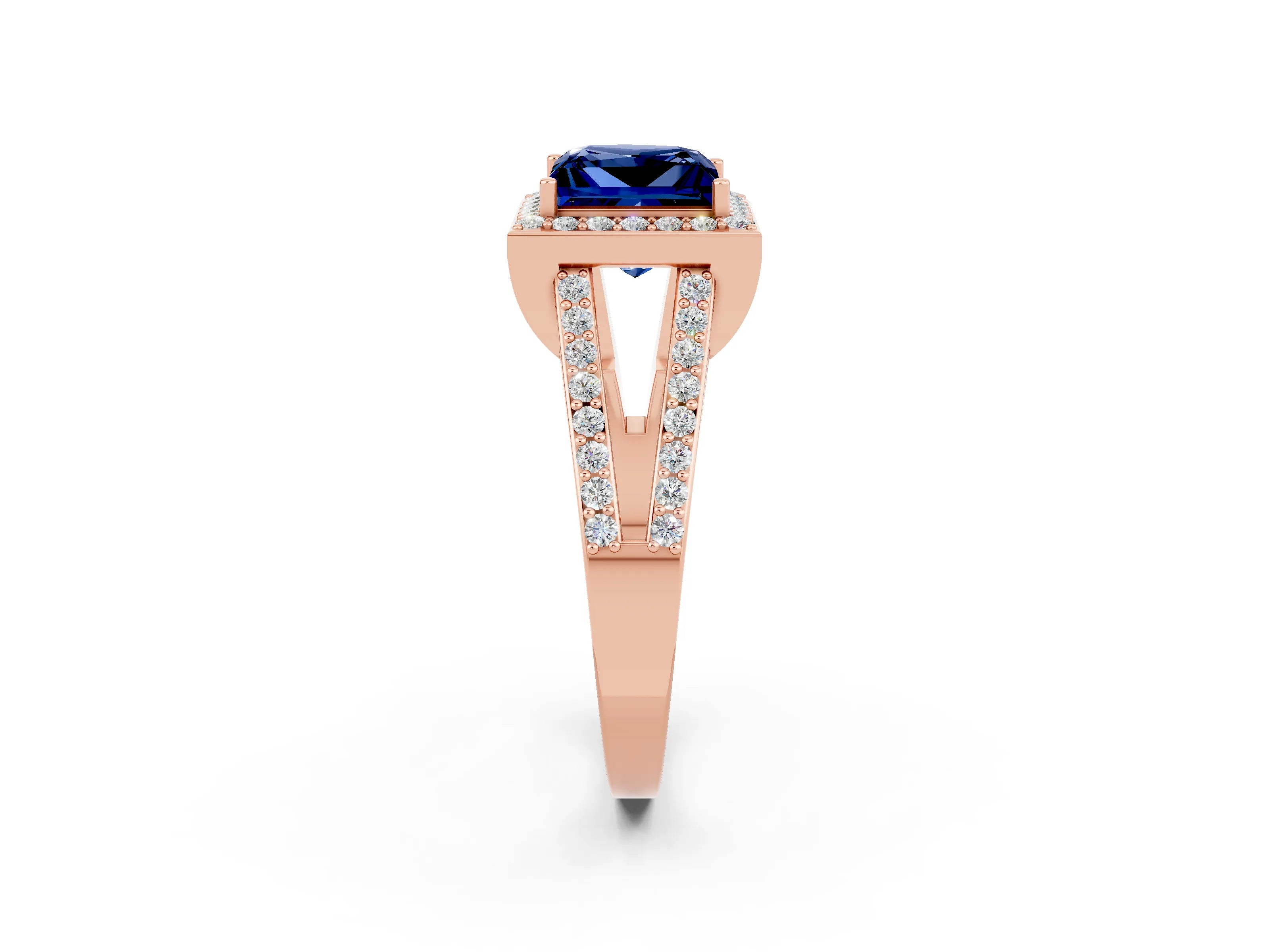 Rose gold Princess Cut Blue Sapphire Halo Ring with Split Shank U-Prong Band and Four-Prong Setting_2