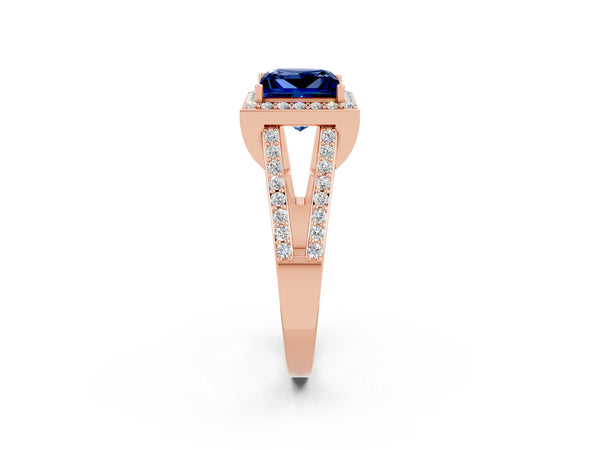 Rose gold Princess Cut Blue Sapphire Halo Ring with Split Shank U-Prong Band and Four-Prong Setting