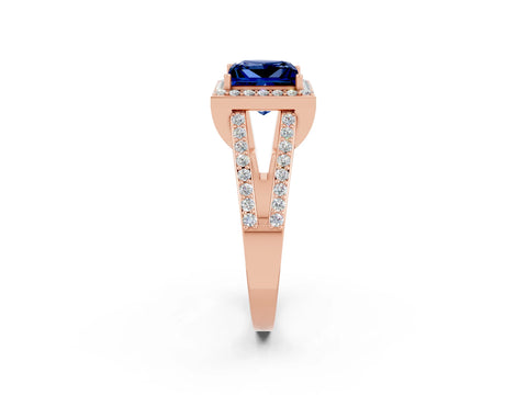 Rose gold Princess Cut Blue Sapphire Halo Ring with Split Shank U-Prong Band and Four-Prong Setting_2