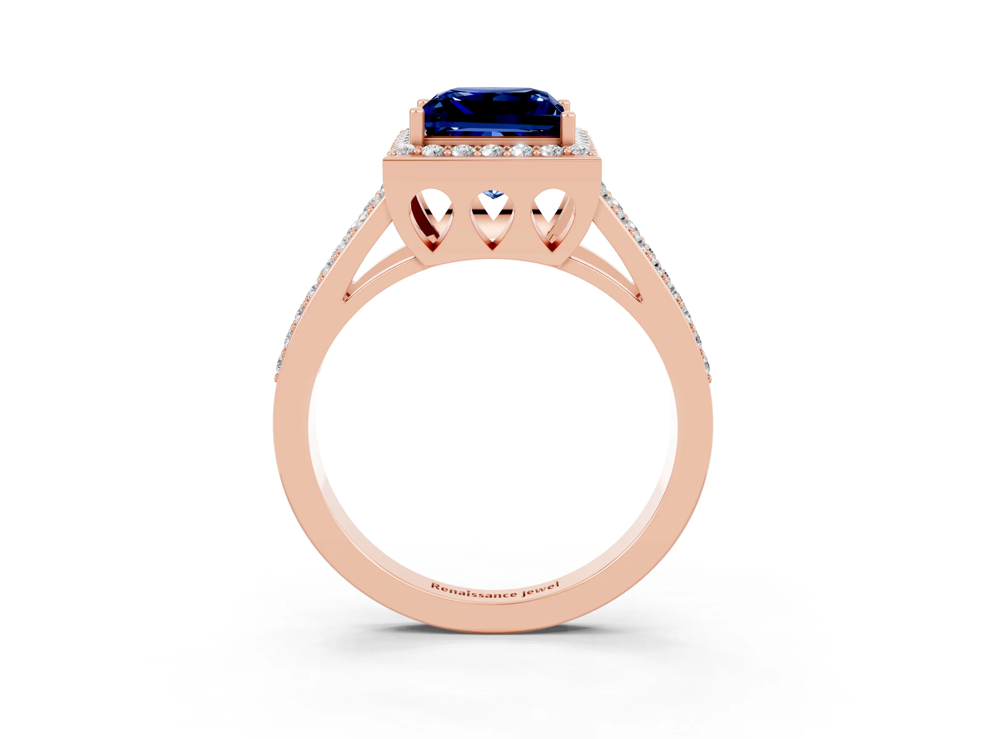 Rose gold Princess Cut Blue Sapphire Halo Ring with Split Shank U-Prong Band and Four-Prong Setting_3