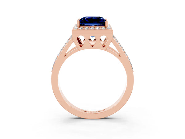 Rose gold Princess Cut Blue Sapphire Halo Ring with Split Shank U-Prong Band and Four-Prong Setting