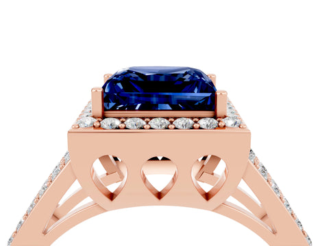 Rose gold Princess Cut Blue Sapphire Halo Ring with Split Shank U-Prong Band and Four-Prong Setting_4