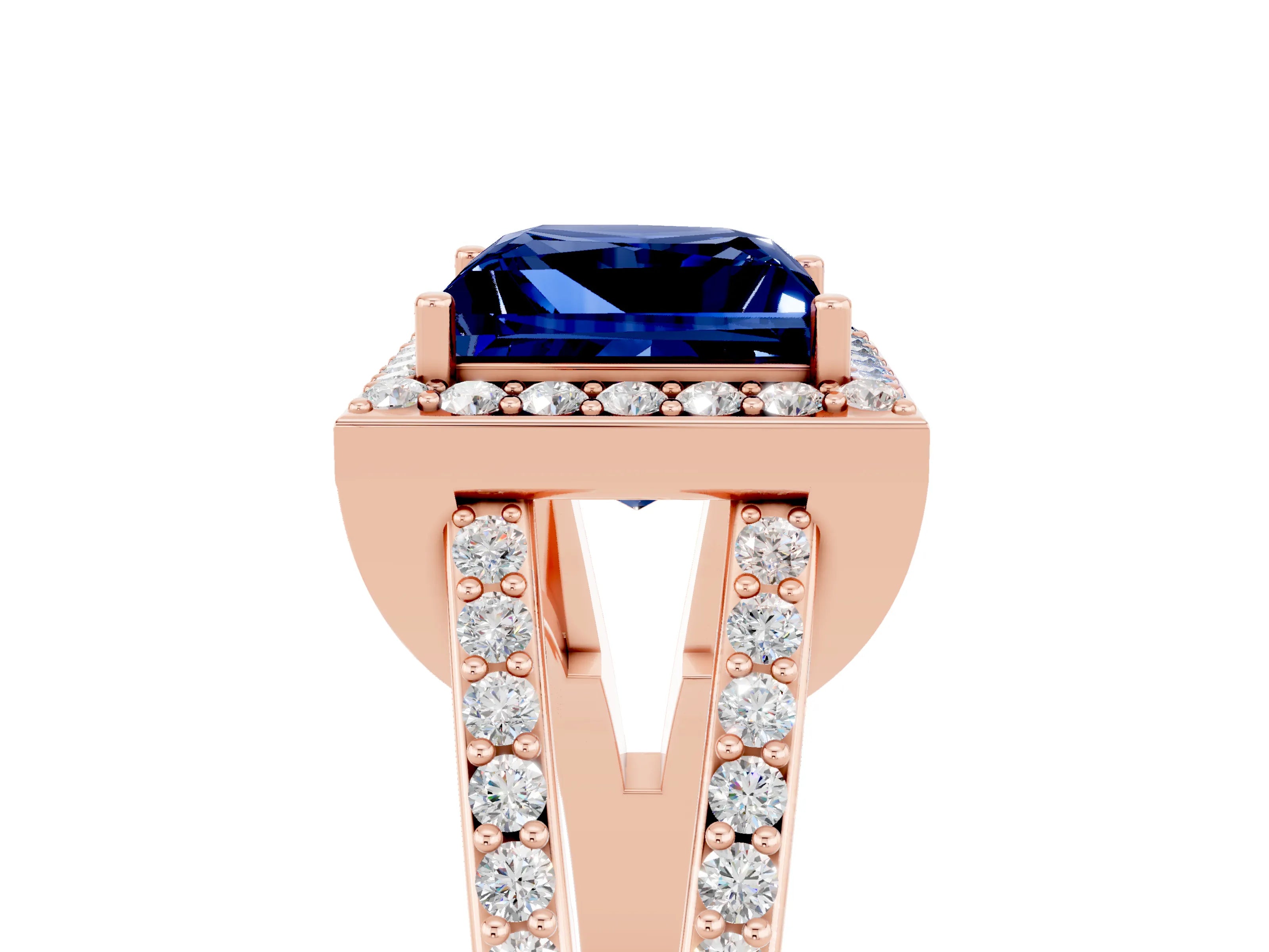 Rose gold Princess Cut Blue Sapphire Halo Ring with Split Shank U-Prong Band and Four-Prong Setting_5