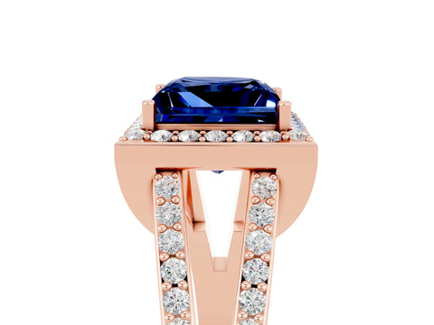 Rose gold Princess Cut Blue Sapphire Halo Ring with Split Shank U-Prong Band and Four-Prong Setting_5