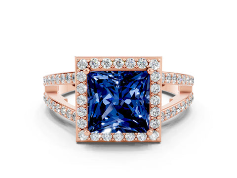 Rose gold Princess Cut Blue Sapphire Halo Ring with Split Shank U-Prong Band and Four-Prong Setting
