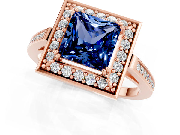 Rose gold Princess Cut Blue Sapphire Halo Ring with Split Shank and Four-Prong Setting
