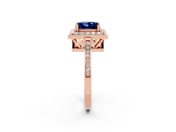 Rose gold Princess Cut Blue Sapphire Halo Ring with Split Shank and Four-Prong Setting