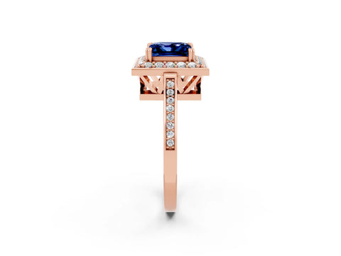 Rose gold Princess Cut Blue Sapphire Halo Ring with Split Shank and Four-Prong Setting_2