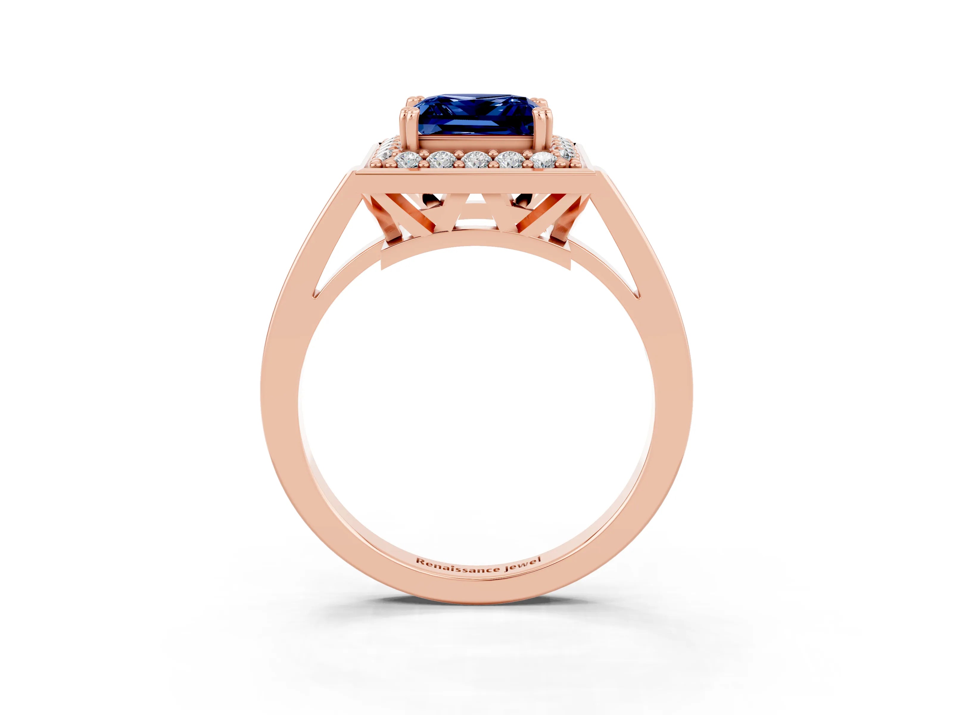 Rose gold Princess Cut Blue Sapphire Halo Ring with Split Shank and Four-Prong Setting_3
