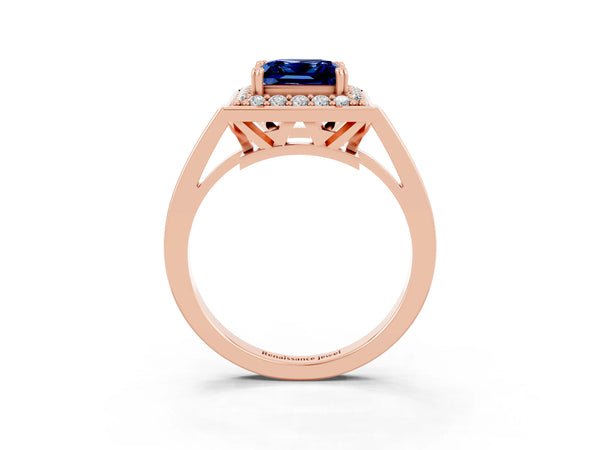 Rose gold Princess Cut Blue Sapphire Halo Ring with Split Shank and Four-Prong Setting