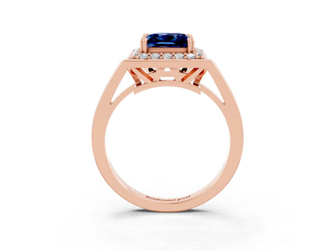 Rose gold Princess Cut Blue Sapphire Halo Ring with Split Shank and Four-Prong Setting_3