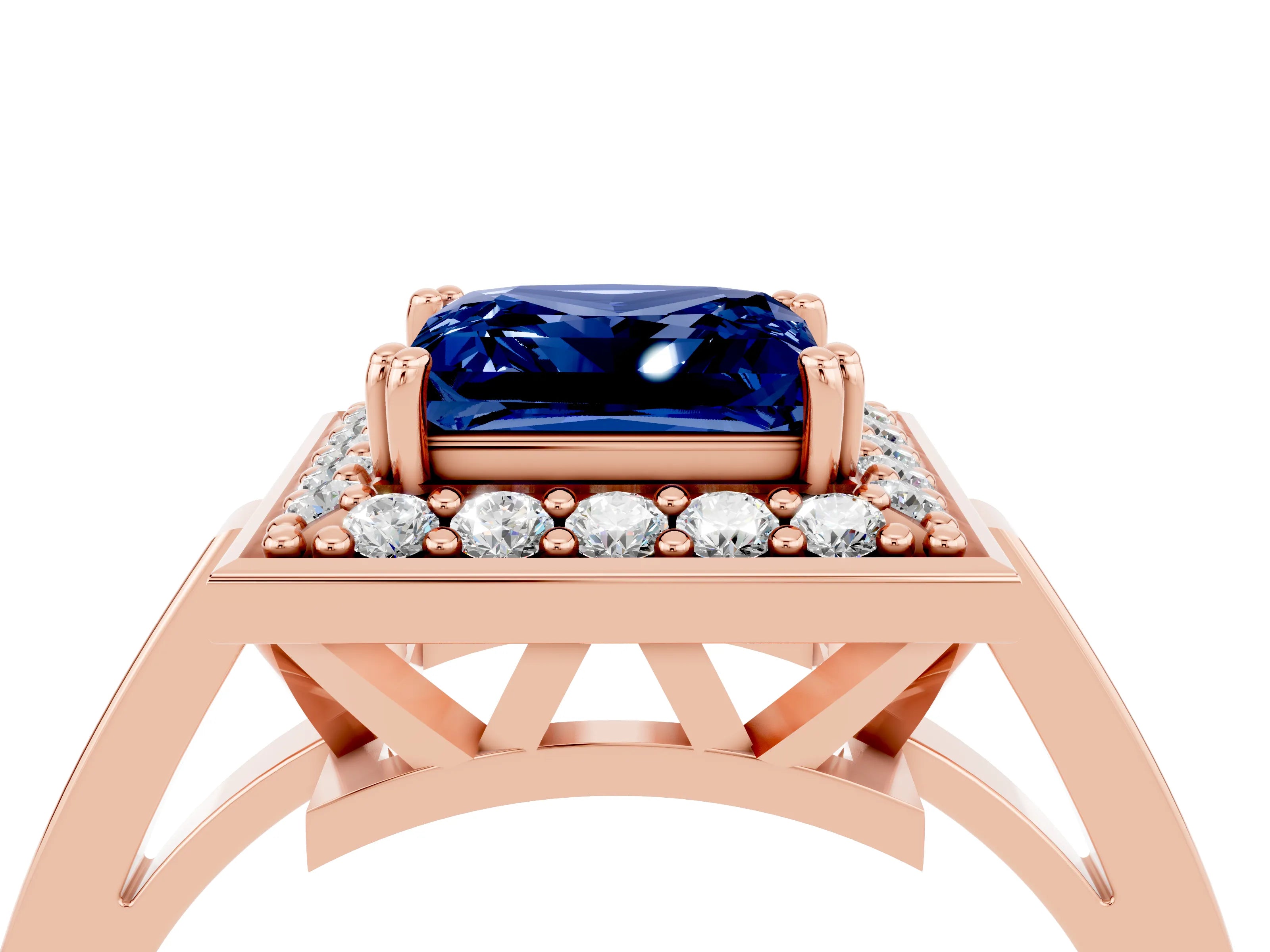 Rose gold Princess Cut Blue Sapphire Halo Ring with Split Shank and Four-Prong Setting_4