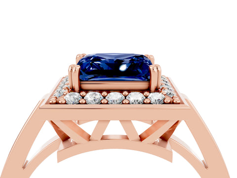 Rose gold Princess Cut Blue Sapphire Halo Ring with Split Shank and Four-Prong Setting_4