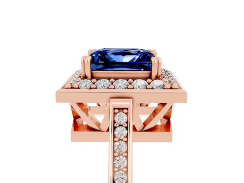 Rose gold Princess Cut Blue Sapphire Halo Ring with Split Shank and Four-Prong Setting_5