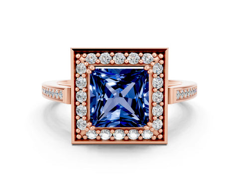 Rose gold Princess Cut Blue Sapphire Halo Ring with Split Shank and Four-Prong Setting