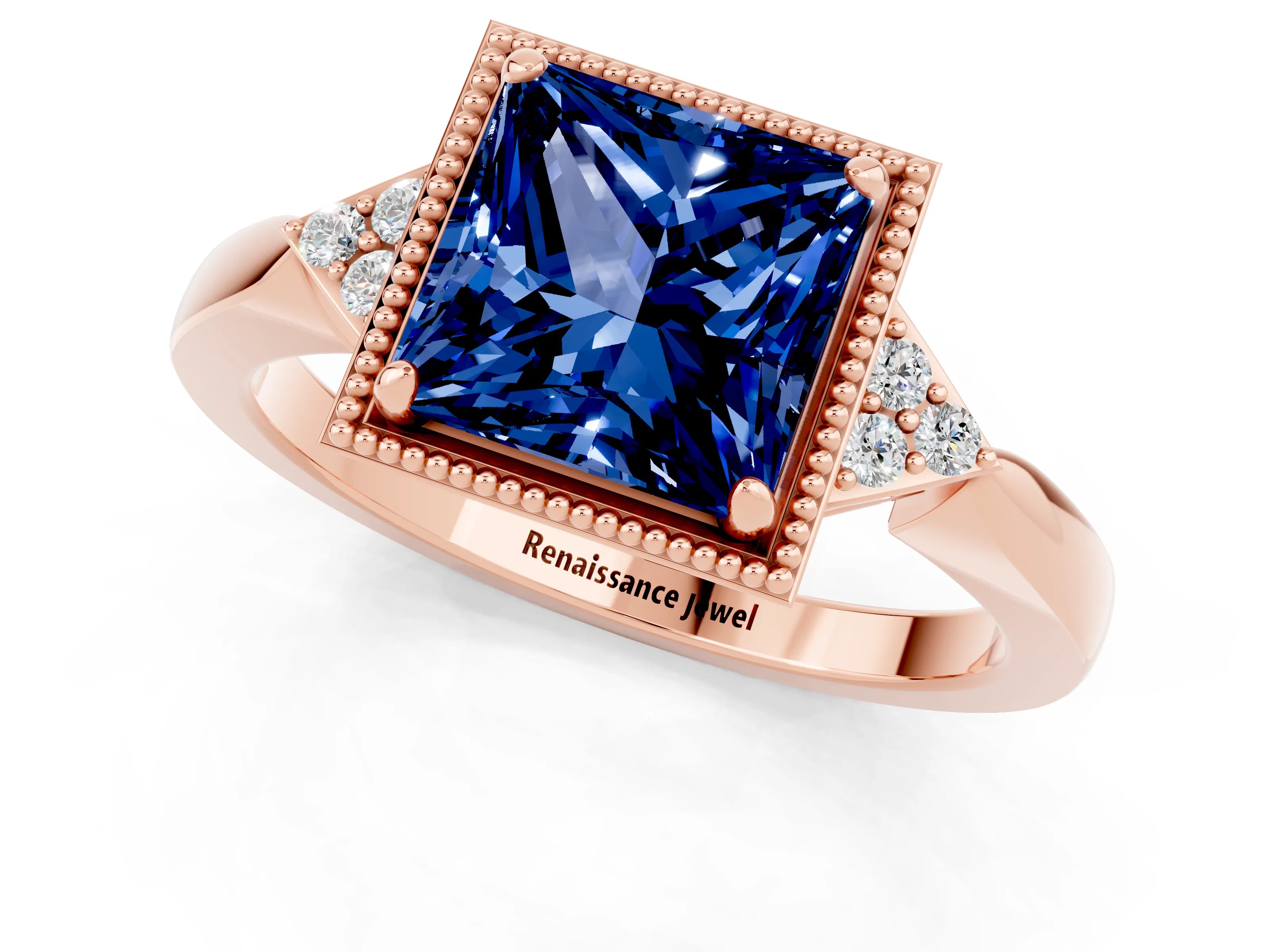 Rose gold Princess Cut Blue Sapphire Halo Ring with Tapered Band and Four-Prong Setting_1