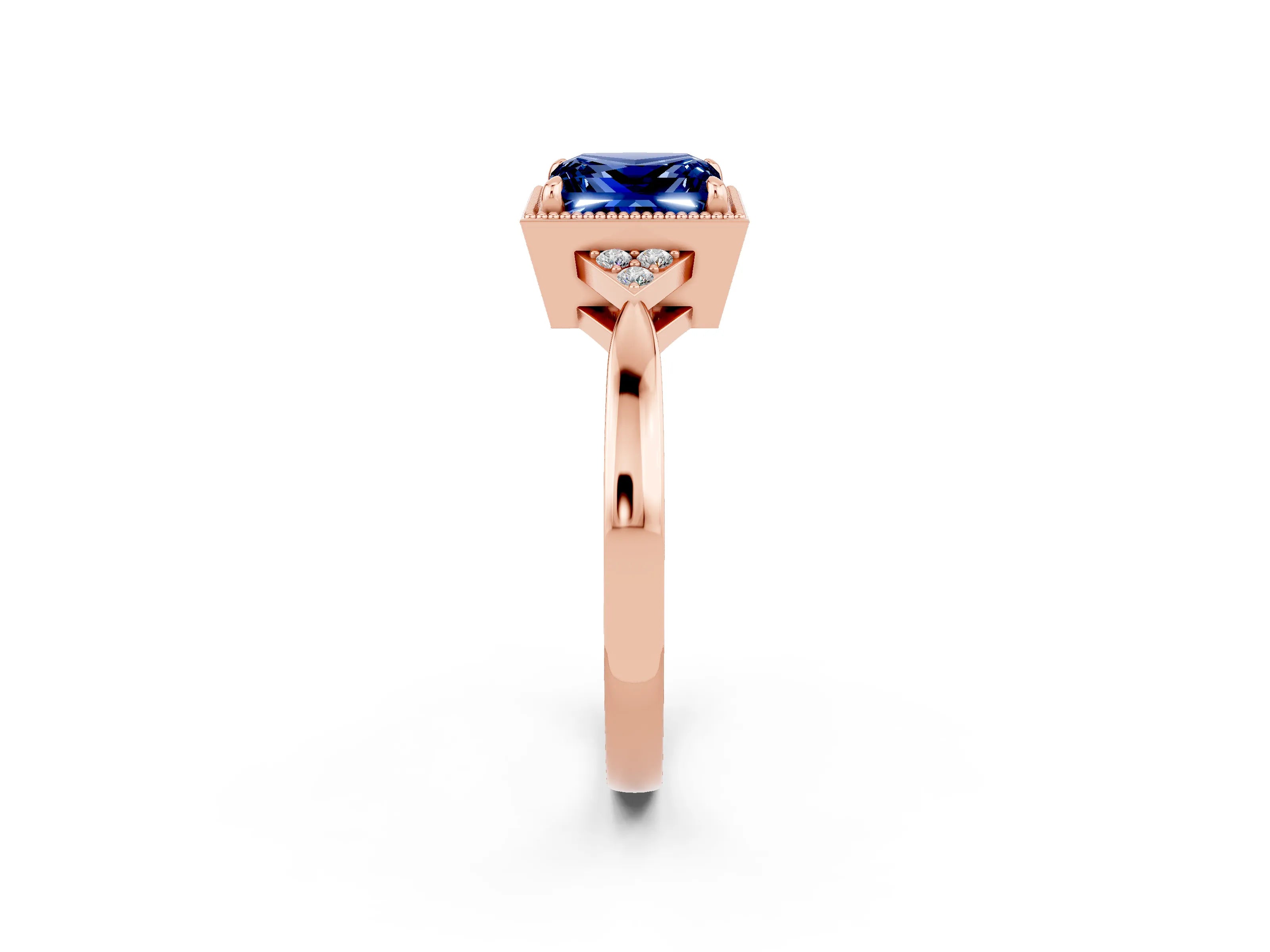 Rose gold Princess Cut Blue Sapphire Halo Ring with Tapered Band and Four-Prong Setting_2