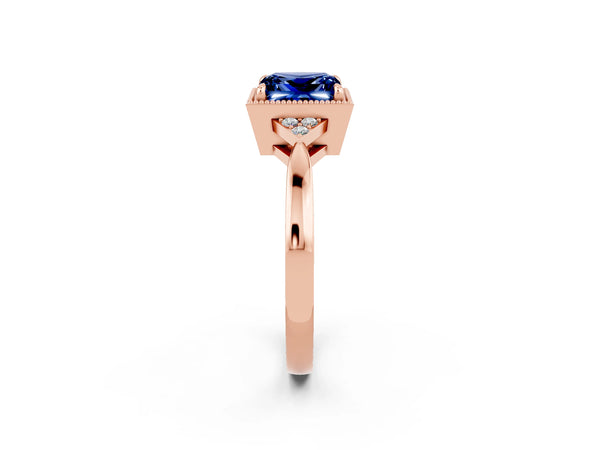 Rose gold Princess Cut Blue Sapphire Halo Ring with Tapered Band and Four-Prong Setting