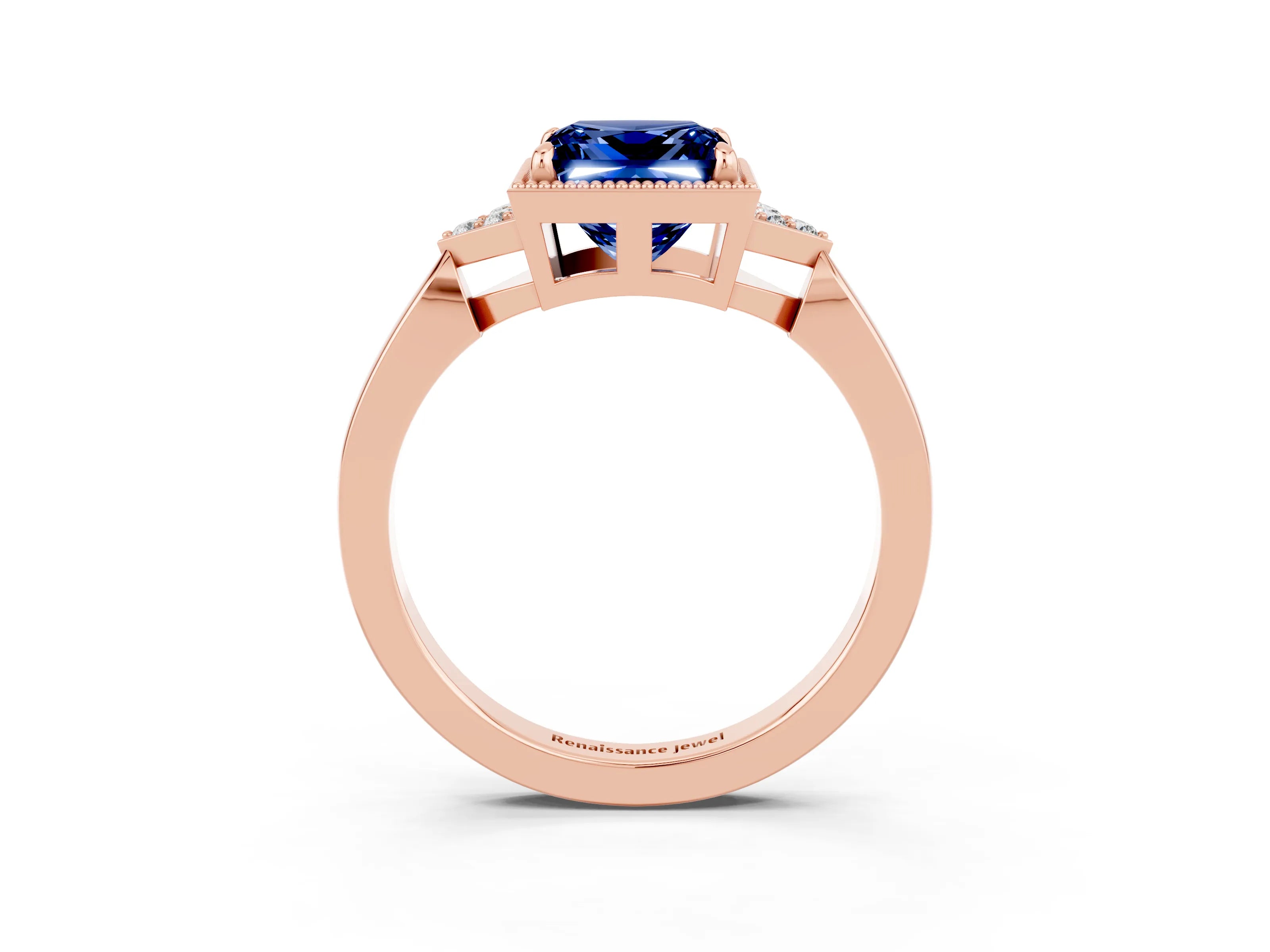 Rose gold Princess Cut Blue Sapphire Halo Ring with Tapered Band and Four-Prong Setting_3