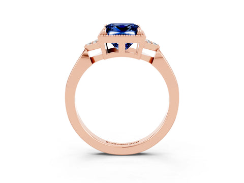 Rose gold Princess Cut Blue Sapphire Halo Ring with Tapered Band and Four-Prong Setting_3