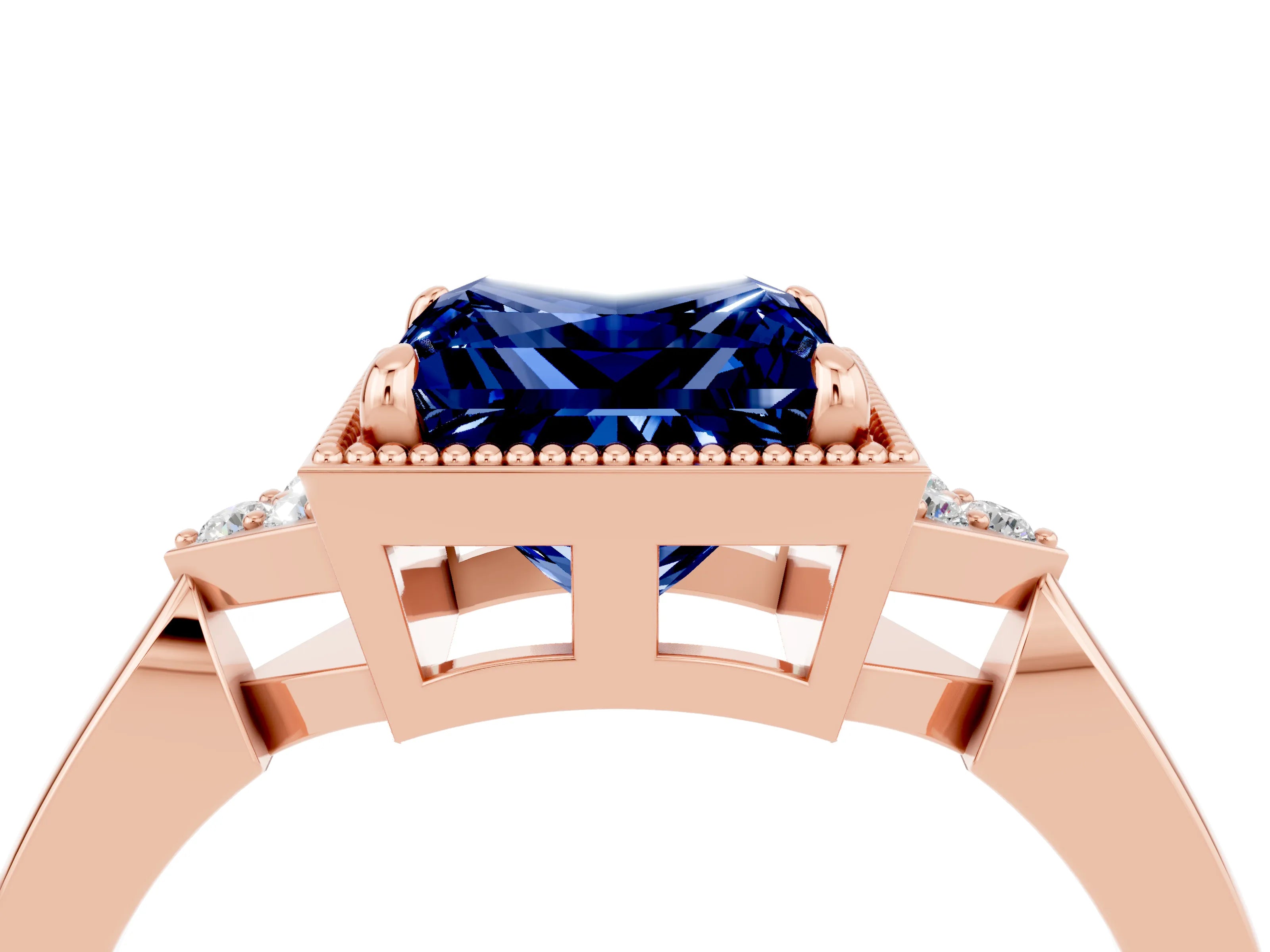 Rose gold Princess Cut Blue Sapphire Halo Ring with Tapered Band and Four-Prong Setting_4