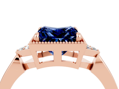 Rose gold Princess Cut Blue Sapphire Halo Ring with Tapered Band and Four-Prong Setting_4