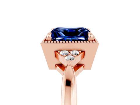 Rose gold Princess Cut Blue Sapphire Halo Ring with Tapered Band and Four-Prong Setting_5