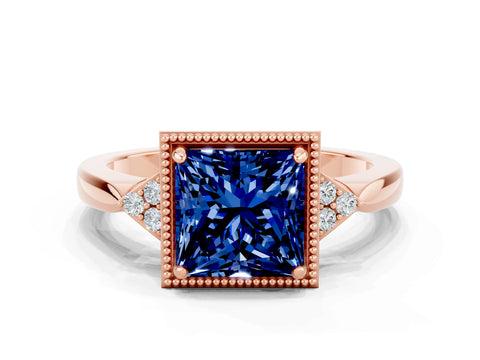 Rose gold Princess Cut Blue Sapphire Halo Ring with Tapered Band and Four-Prong Setting
