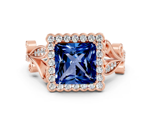 Rose gold Princess Cut Blue Sapphire Halo Ring with Vintage Split Shank and Four-Prong Setting