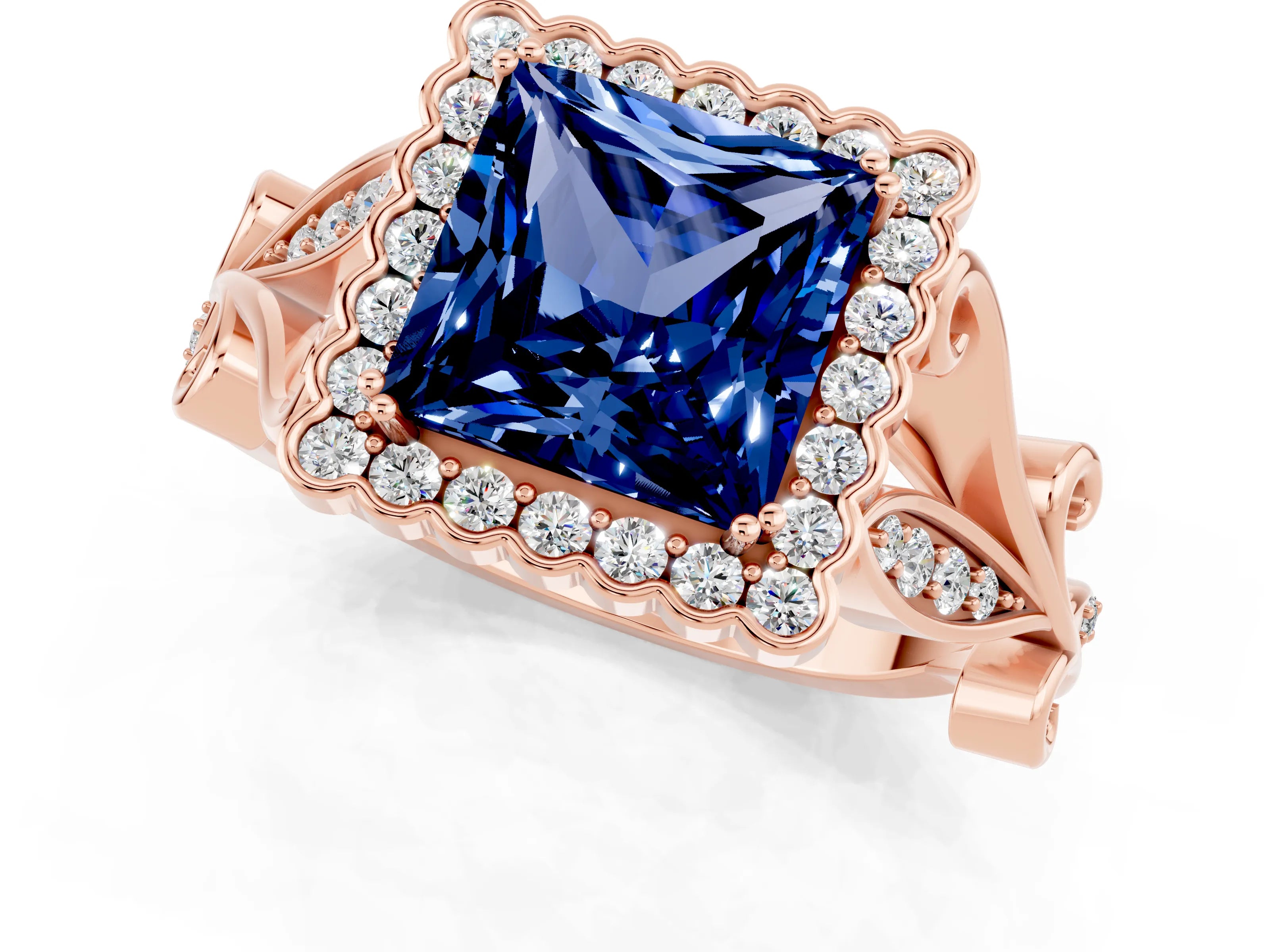 Rose gold Princess Cut Blue Sapphire Halo Ring with Vintage Split Shank and Four-Prong Setting_1