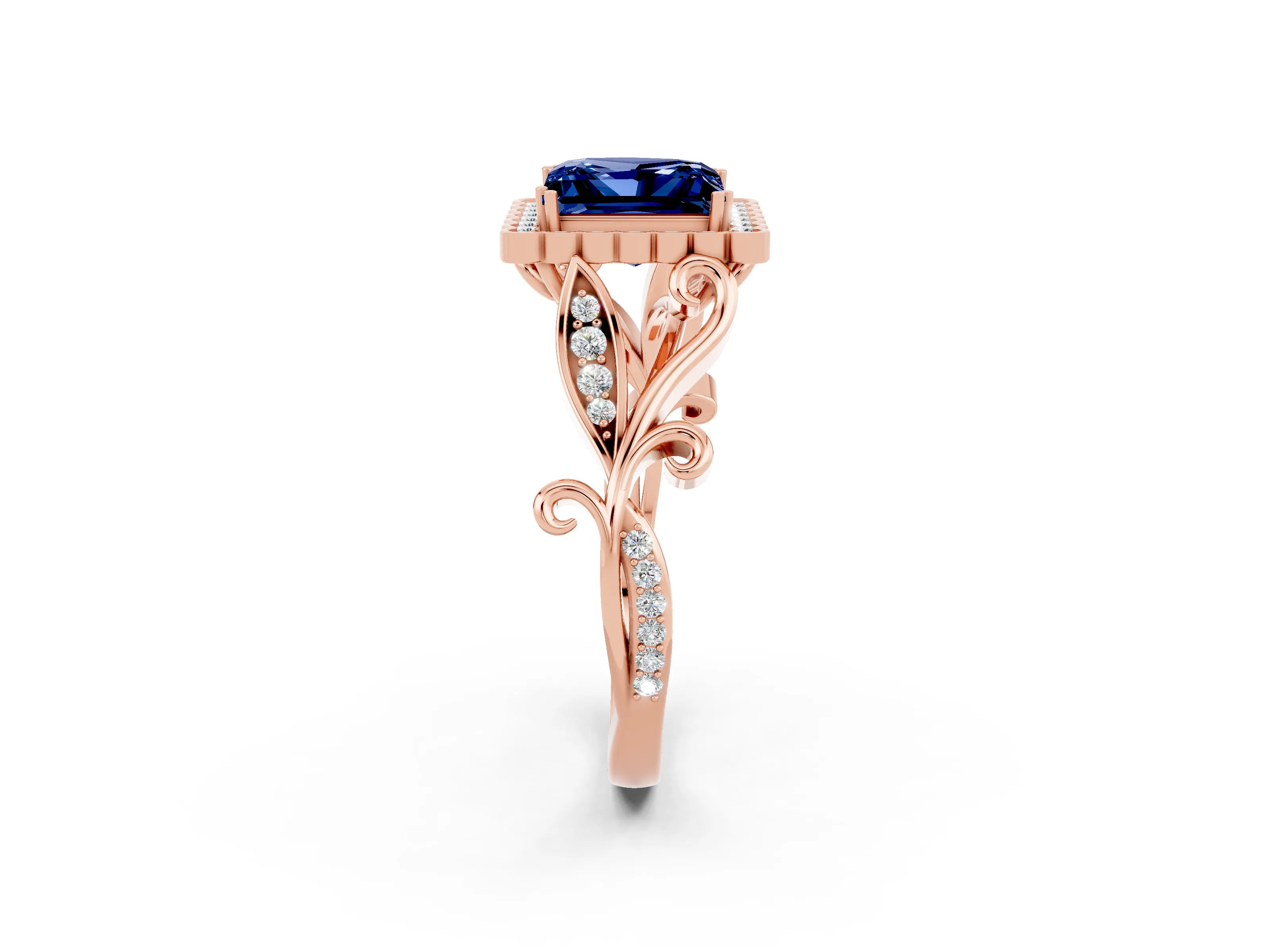 Rose gold Princess Cut Blue Sapphire Halo Ring with Vintage Split Shank and Four-Prong Setting_2