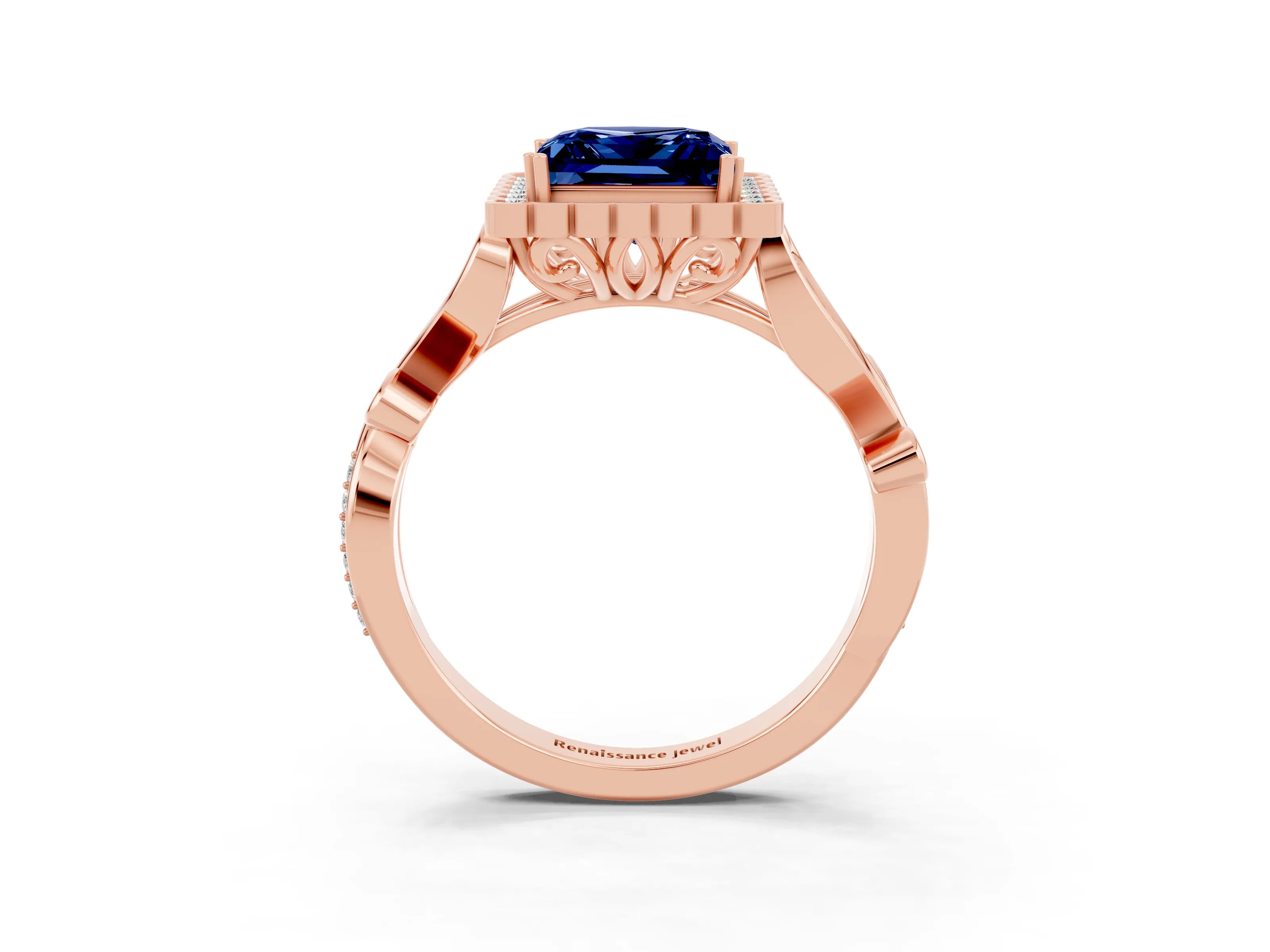 Rose gold Princess Cut Blue Sapphire Halo Ring with Vintage Split Shank and Four-Prong Setting_3