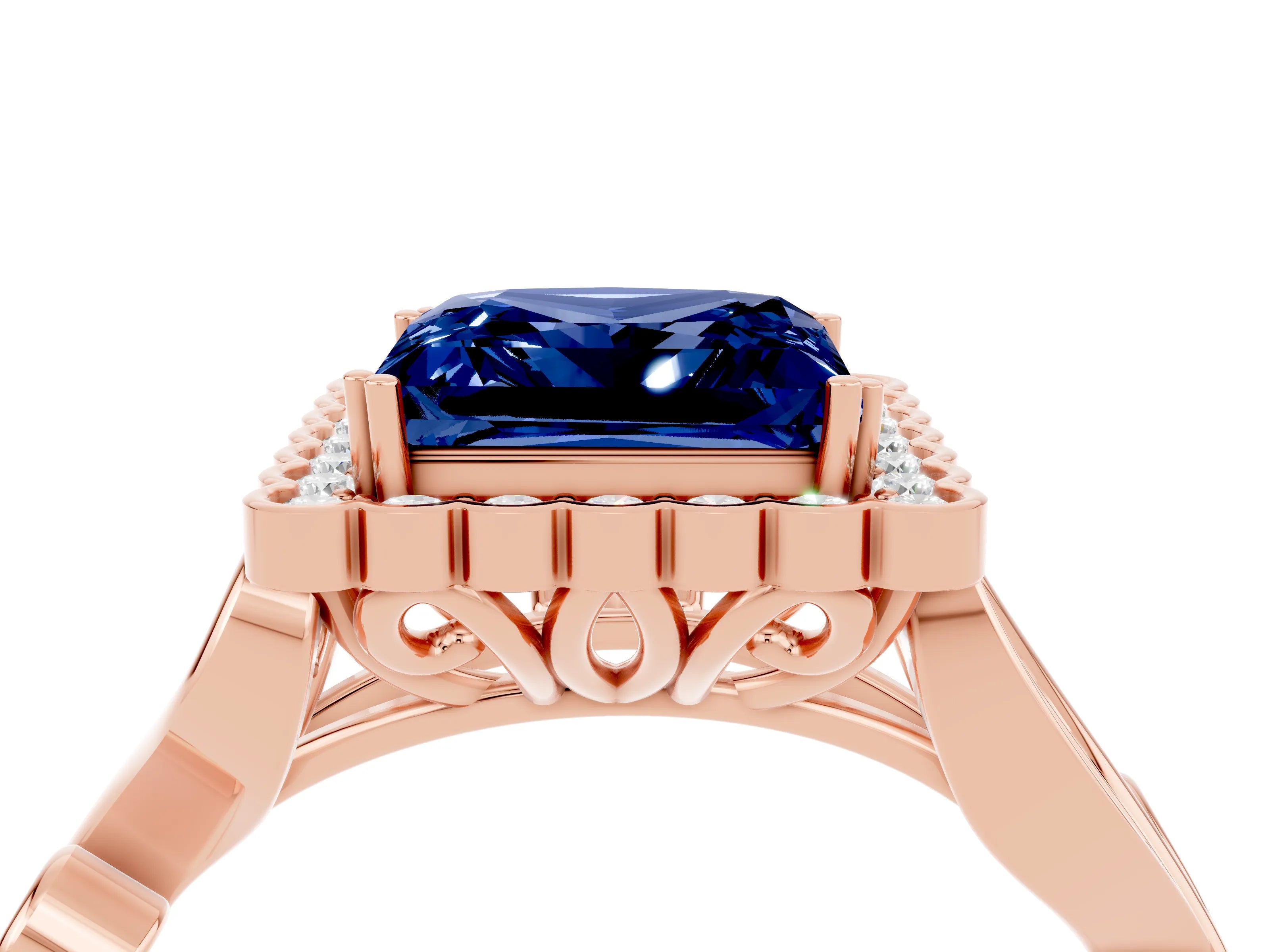 Rose gold Princess Cut Blue Sapphire Halo Ring with Vintage Split Shank and Four-Prong Setting_4